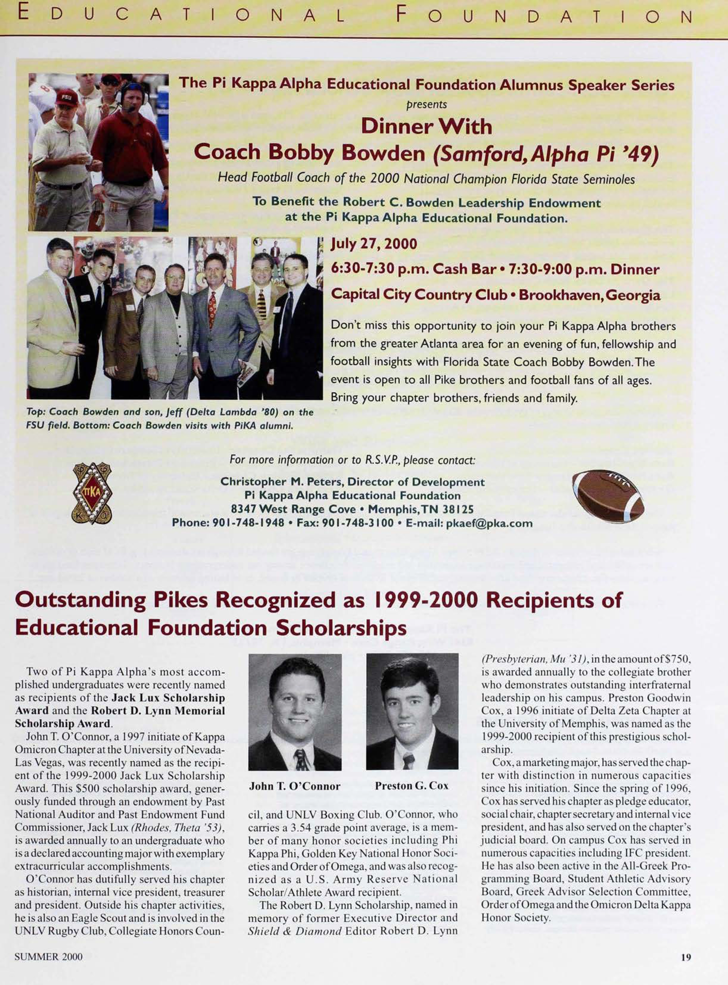 Educational Foundation: Outstanding Pikes Recognized As 1999-2000 Recipients Of Educational Foundation Scholarships, Summer 2000